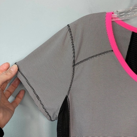 Hannah H2 Black Pink Striped Breathable Mesh Inset Short Sleeve Shirt Size L - Picture 11 of 12